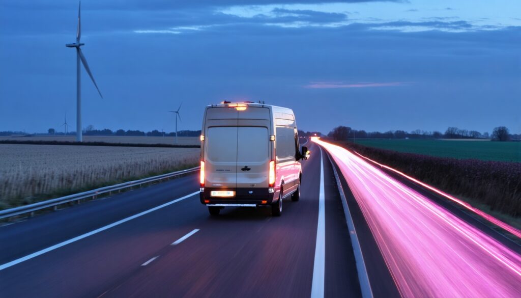Verlengde bestelbus rijdt over een Europese snelweg met neon roze en blauwe grafische lichtsporen