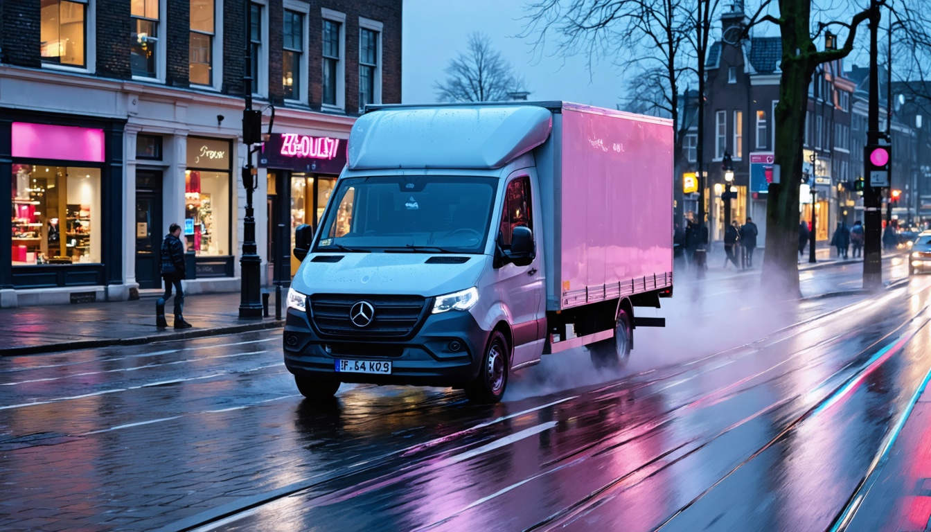 Verlengde bestelbus voor spoedtransport racet ’s nachts door een Nederlandse stad met felle neon roze en blauwe lichtsporen