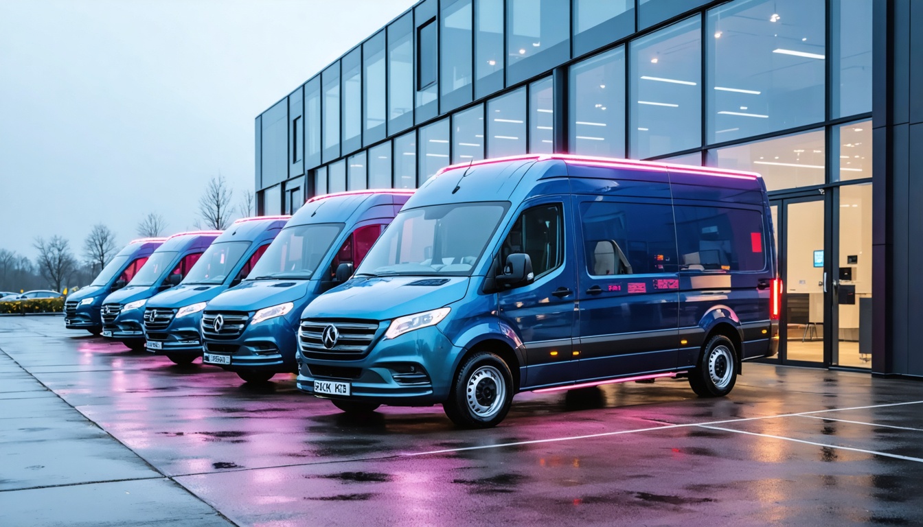 Vaste serie verlengde bussen bij kantoor van zakelijke klant, klaar voor dagelijks contractvervoer
