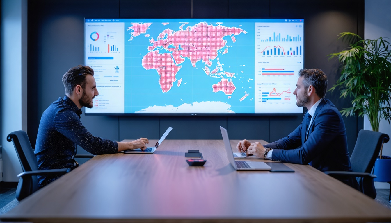 Logistiek specialist bespreekt maatwerk transportoplossing met klant aan tafel met neon roze en blauwe visualisaties op scherm